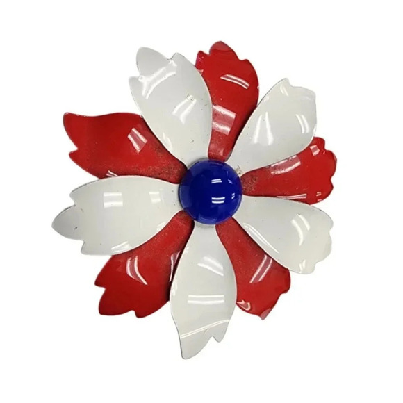 Vintage Jewelry - Vintage Red White Blue Enamel Patriotic Flower Brooch Pin